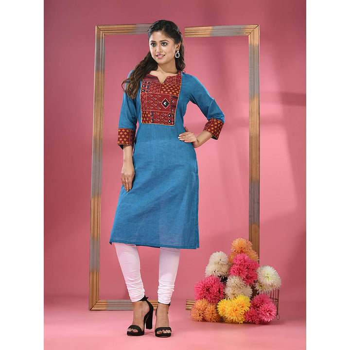 CHARUKRITI Sapphire Blue Cotton Straight Kurta