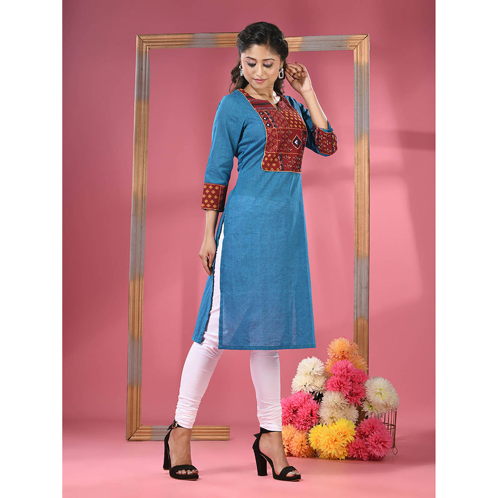 CHARUKRITI Sapphire Blue Cotton Straight Kurta