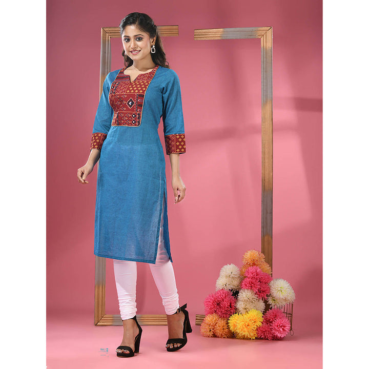 CHARUKRITI Sapphire Blue Cotton Straight Kurta