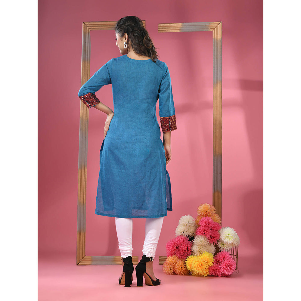 CHARUKRITI Sapphire Blue Cotton Straight Kurta