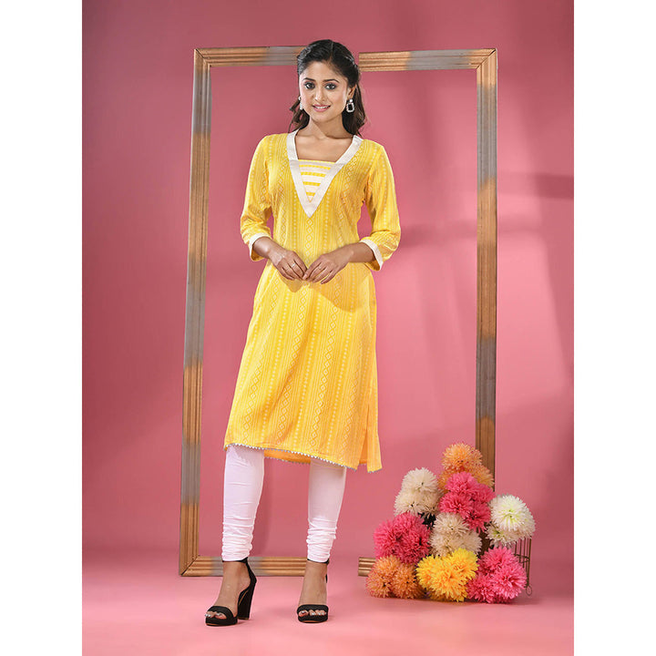 CHARUKRITI Yellow Printed Cotton Kurta with Gota Patti Lace