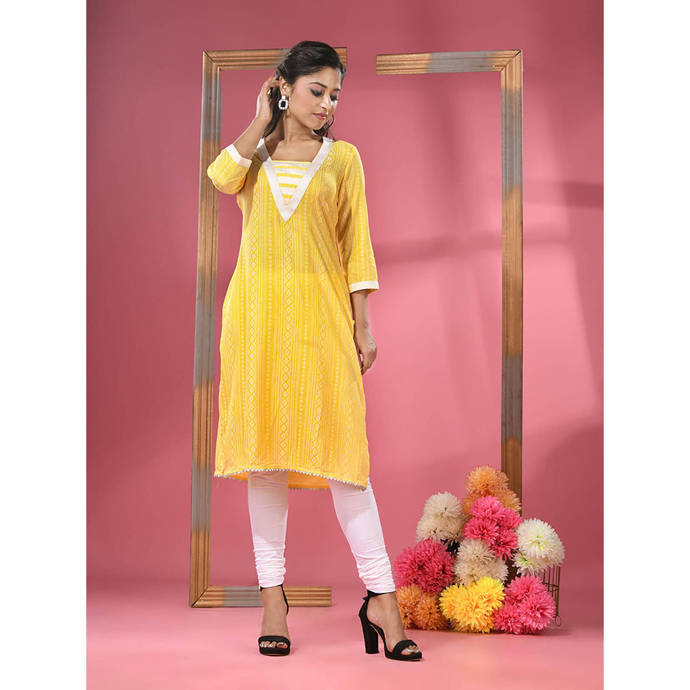 CHARUKRITI Yellow Printed Cotton Kurta with Gota Patti Lace