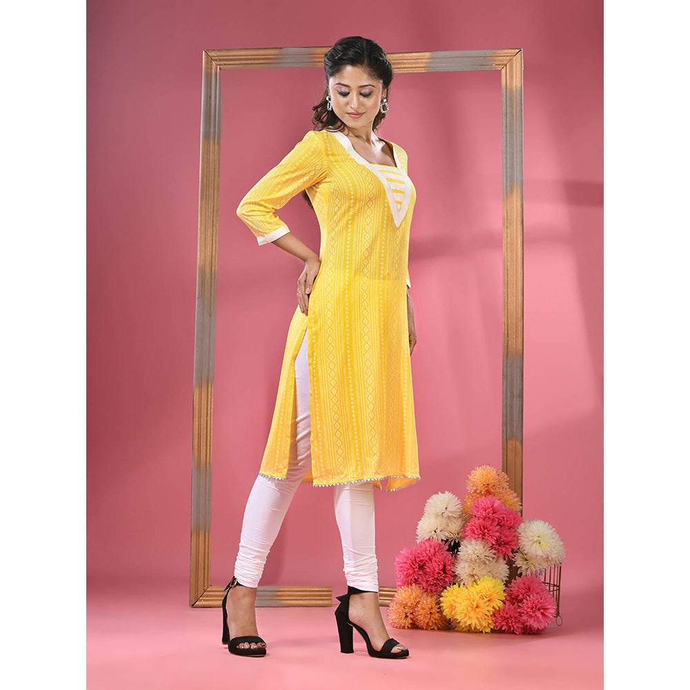 CHARUKRITI Yellow Printed Cotton Kurta with Gota Patti Lace