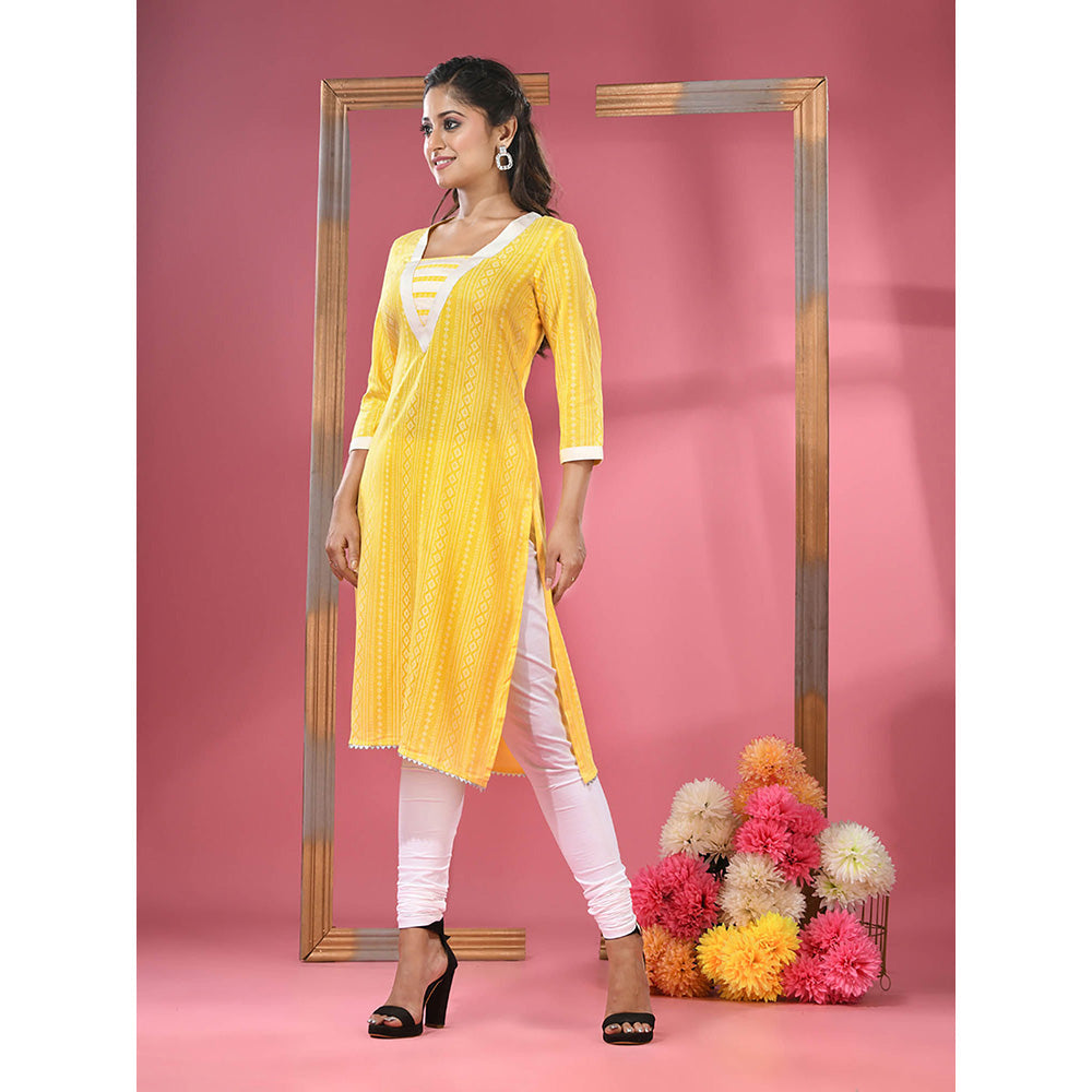 CHARUKRITI Yellow Printed Cotton Kurta with Gota Patti Lace