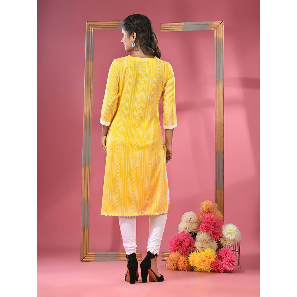 CHARUKRITI Yellow Printed Cotton Kurta with Gota Patti Lace