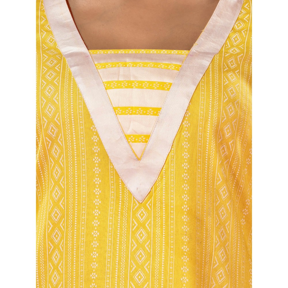 CHARUKRITI Yellow Printed Cotton Kurta with Gota Patti Lace