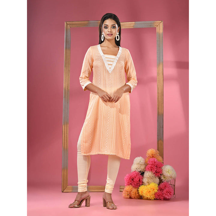 CHARUKRITI Peach Printed Cotton Kurta with Gota Patti Lace