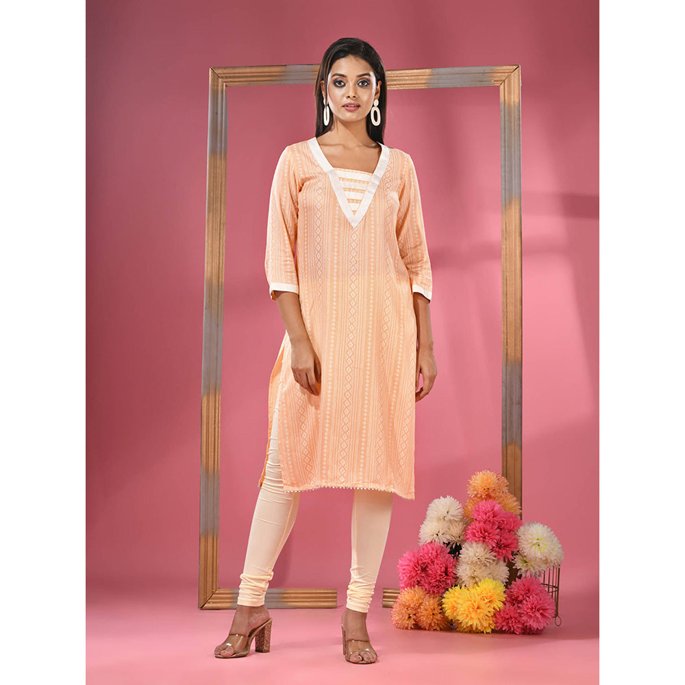 CHARUKRITI Peach Printed Cotton Kurta with Gota Patti Lace