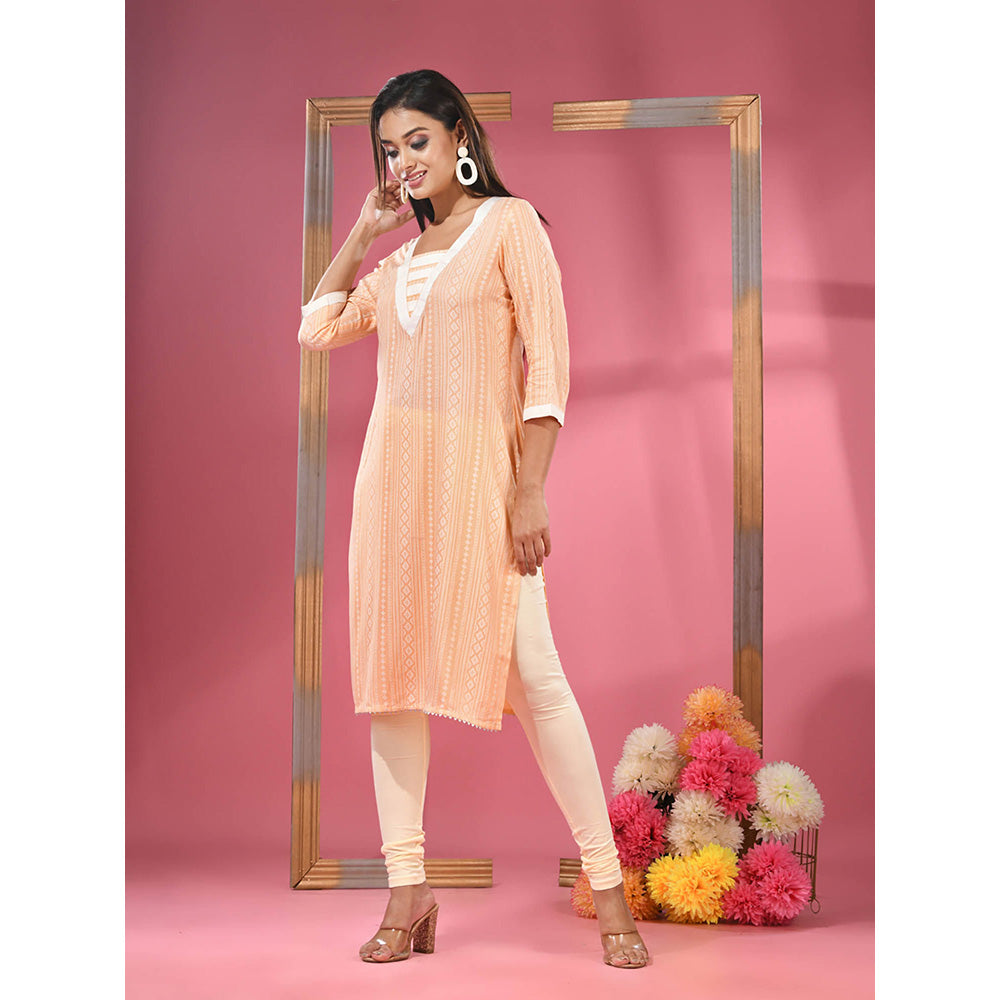 CHARUKRITI Peach Printed Cotton Kurta with Gota Patti Lace