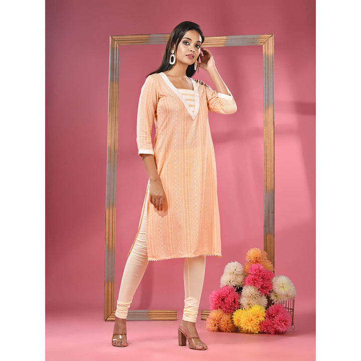 CHARUKRITI Peach Printed Cotton Kurta with Gota Patti Lace