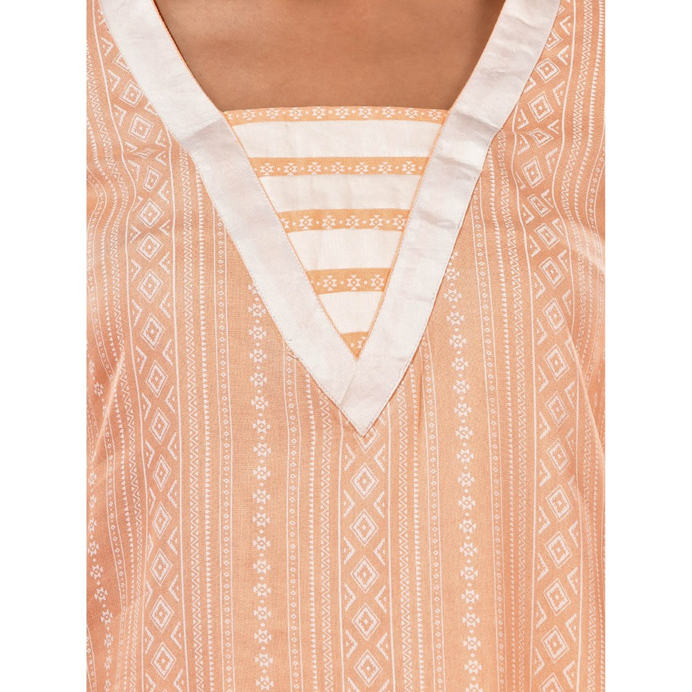 CHARUKRITI Peach Printed Cotton Kurta with Gota Patti Lace