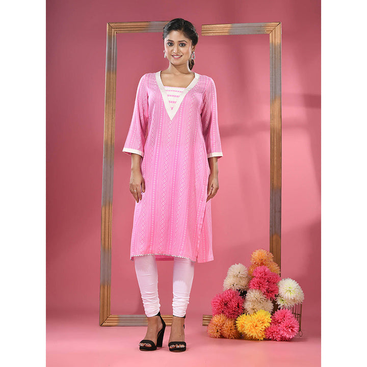 CHARUKRITI Pink Printed Cotton Kurta with Gota Patti Lace