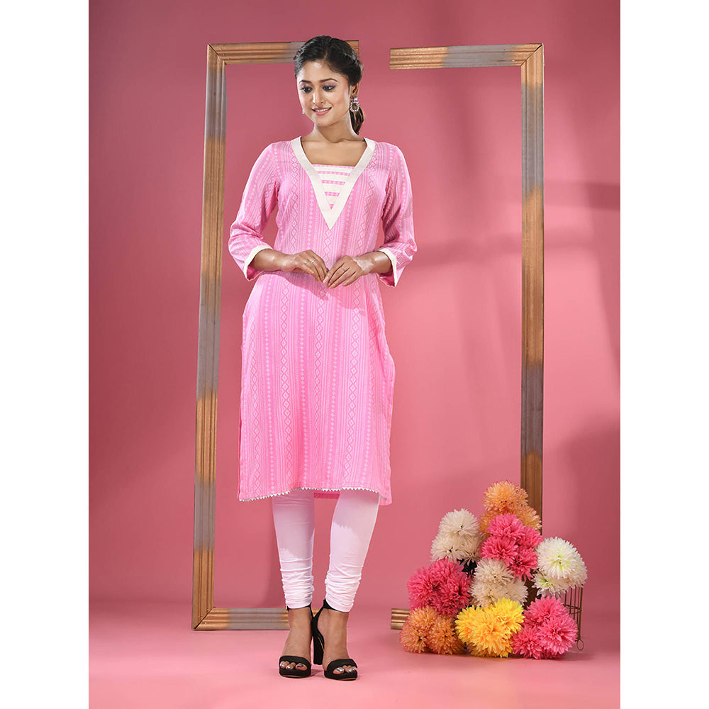 CHARUKRITI Pink Printed Cotton Kurta with Gota Patti Lace