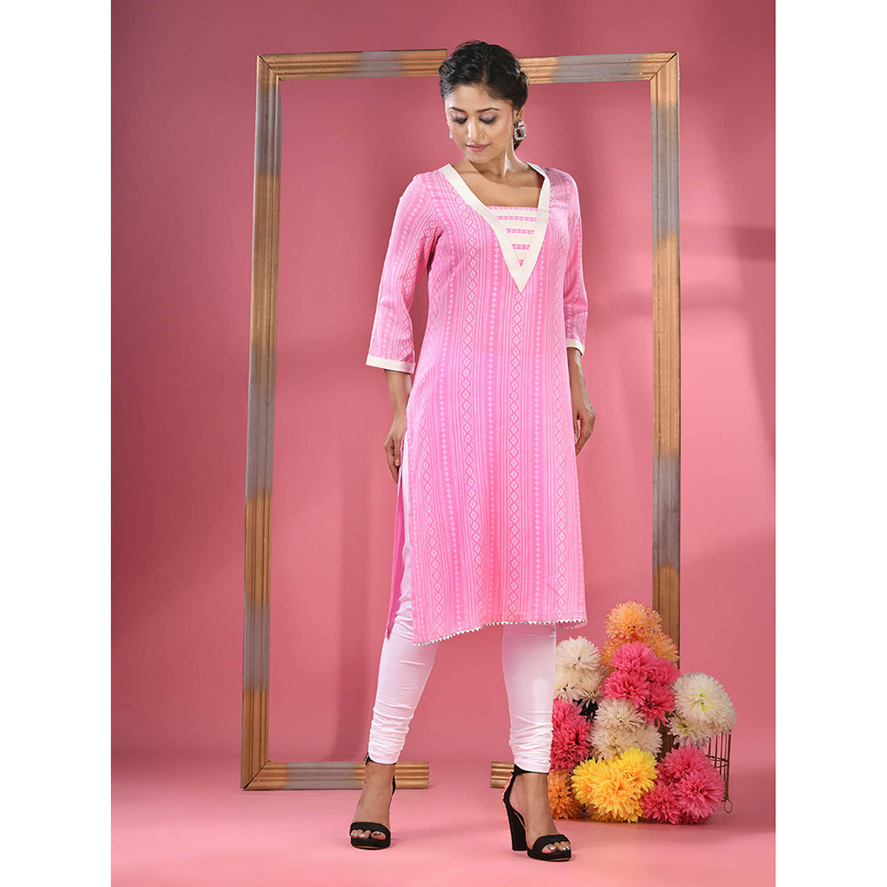 CHARUKRITI Pink Printed Cotton Kurta with Gota Patti Lace