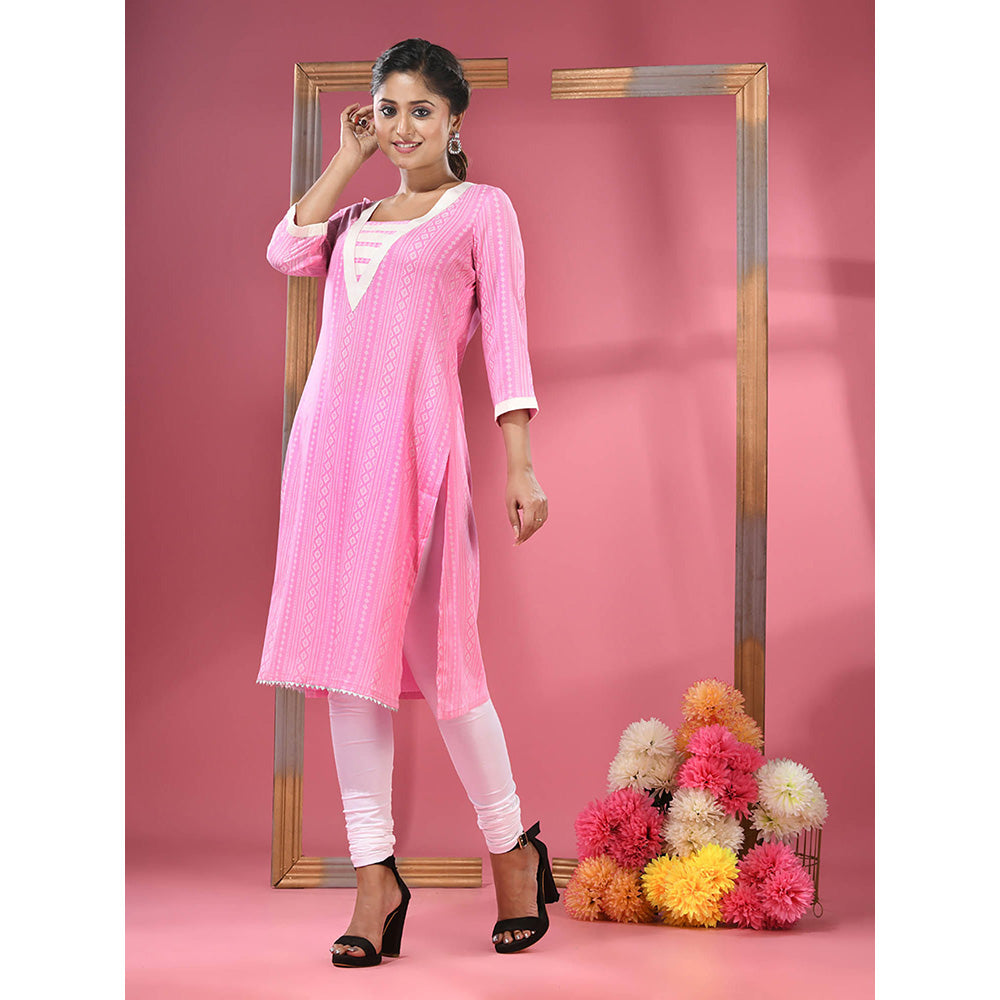 CHARUKRITI Pink Printed Cotton Kurta with Gota Patti Lace