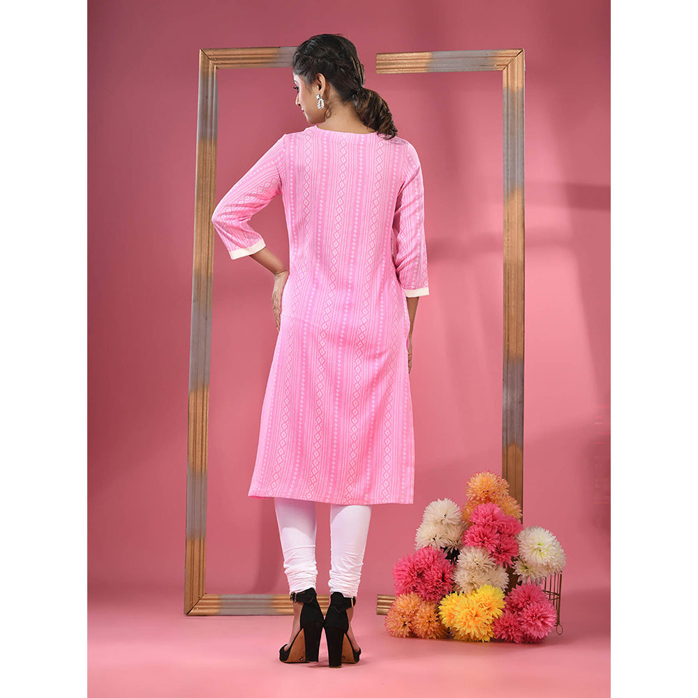 CHARUKRITI Pink Printed Cotton Kurta with Gota Patti Lace