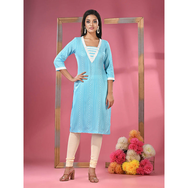 CHARUKRITI Sky Blue Printed Cotton Kurta with Gota Patti Lace