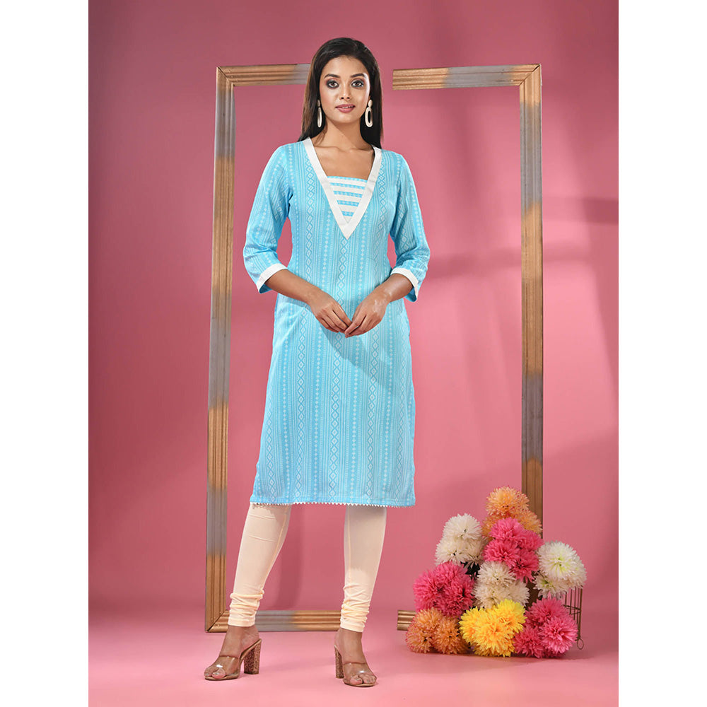 CHARUKRITI Sky Blue Printed Cotton Kurta with Gota Patti Lace