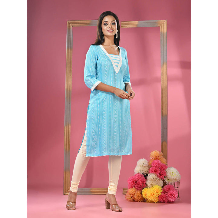 CHARUKRITI Sky Blue Printed Cotton Kurta with Gota Patti Lace