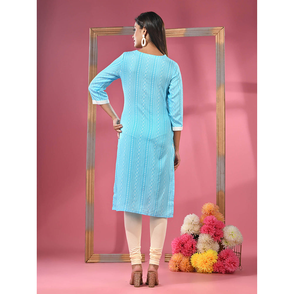 CHARUKRITI Sky Blue Printed Cotton Kurta with Gota Patti Lace