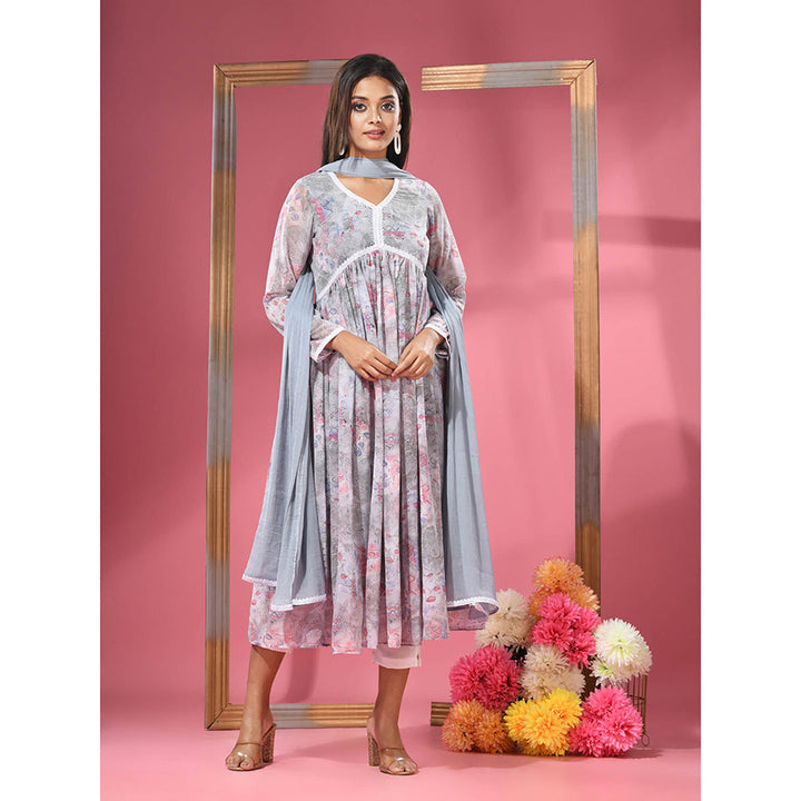 CHARUKRITI Grey Foliage Printed Gathered Georgette Suit with Dupatta (Set of 3)