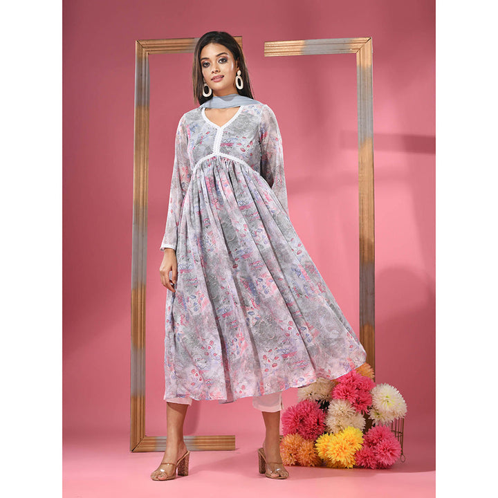 CHARUKRITI Grey Foliage Printed Gathered Georgette Suit with Dupatta (Set of 3)