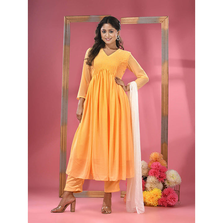 CHARUKRITI Yellow Embellished Gathered Georgette Suit with Dupatta (Set of 3)