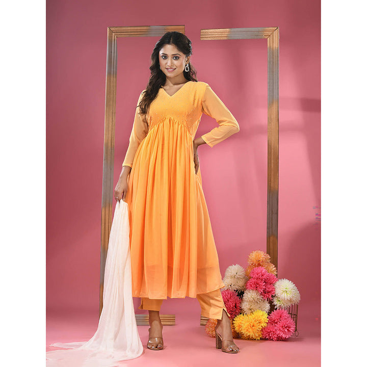 CHARUKRITI Yellow Embellished Gathered Georgette Suit with Dupatta (Set of 3)