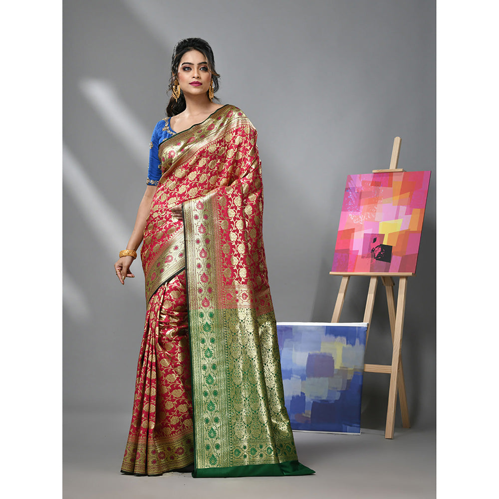 CHARUKRITI Rose Pink Silk Banarasi Saree with Zari Woven Designs & Unstitched Blouse