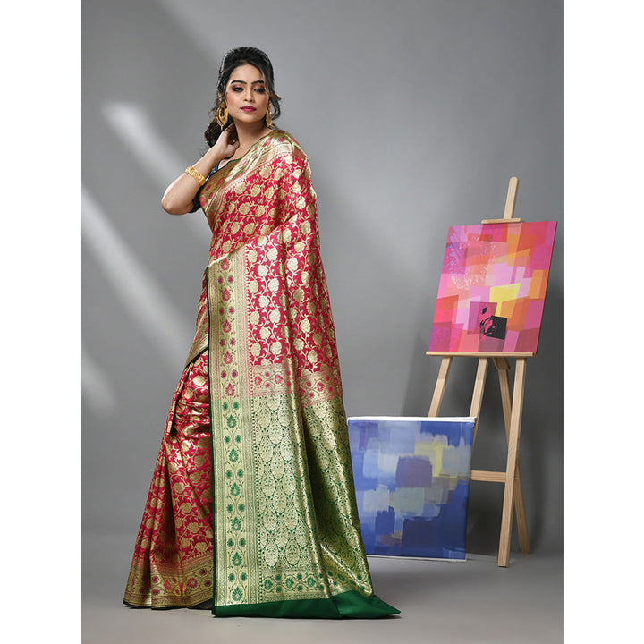 CHARUKRITI Rose Pink Silk Banarasi Saree with Zari Woven Designs & Unstitched Blouse