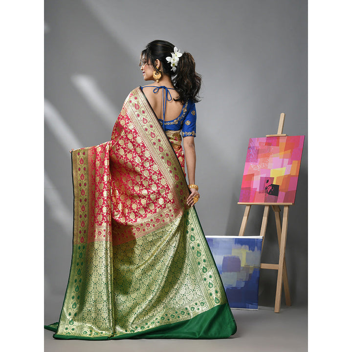 CHARUKRITI Rose Pink Silk Banarasi Saree with Zari Woven Designs & Unstitched Blouse