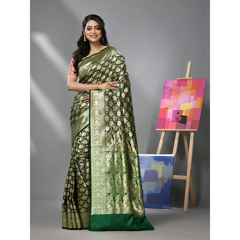 CHARUKRITI Black Silk Banarasi Saree with Zari Woven Designs & Unstitched Blouse