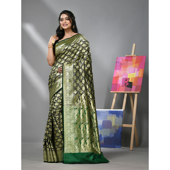 CHARUKRITI Black Silk Banarasi Saree with Zari Woven Designs & Unstitched Blouse