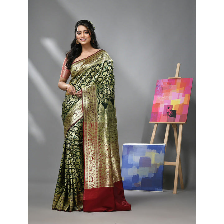 CHARUKRITI Dark Green Silk Banarasi Saree with Zari Woven Designs & Unstitched Blouse