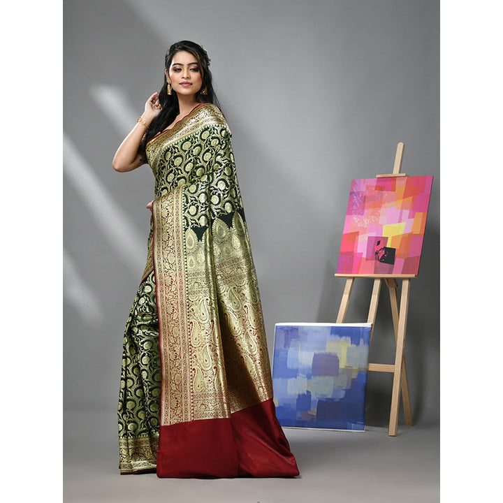 CHARUKRITI Dark Green Silk Banarasi Saree with Zari Woven Designs & Unstitched Blouse