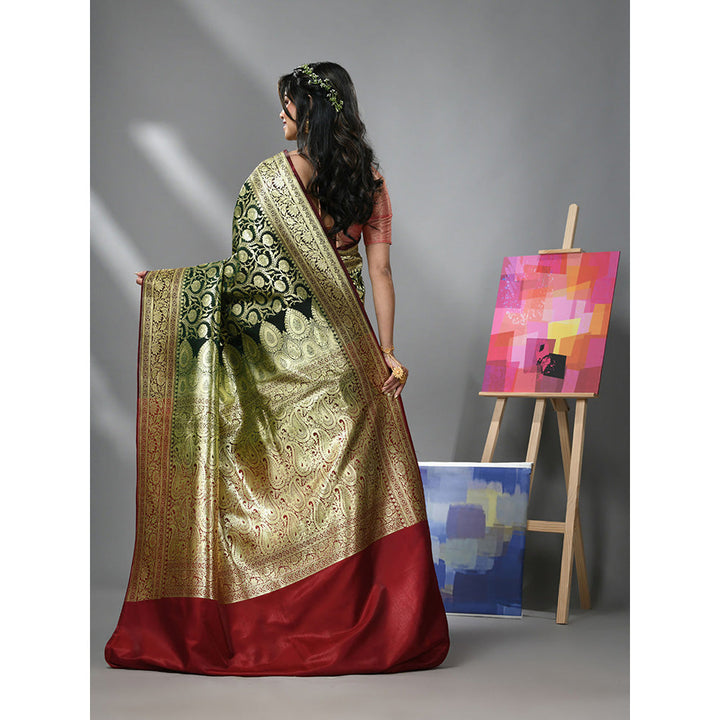 CHARUKRITI Dark Green Silk Banarasi Saree with Zari Woven Designs & Unstitched Blouse