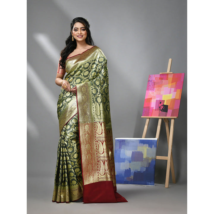 CHARUKRITI Hunter Green Silk Banarasi Saree with Zari Woven Designs & Unstitched Blouse