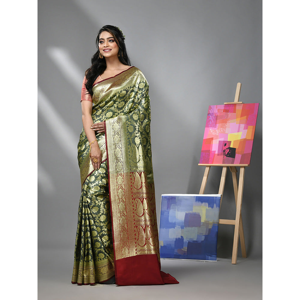 CHARUKRITI Hunter Green Silk Banarasi Saree with Zari Woven Designs & Unstitched Blouse