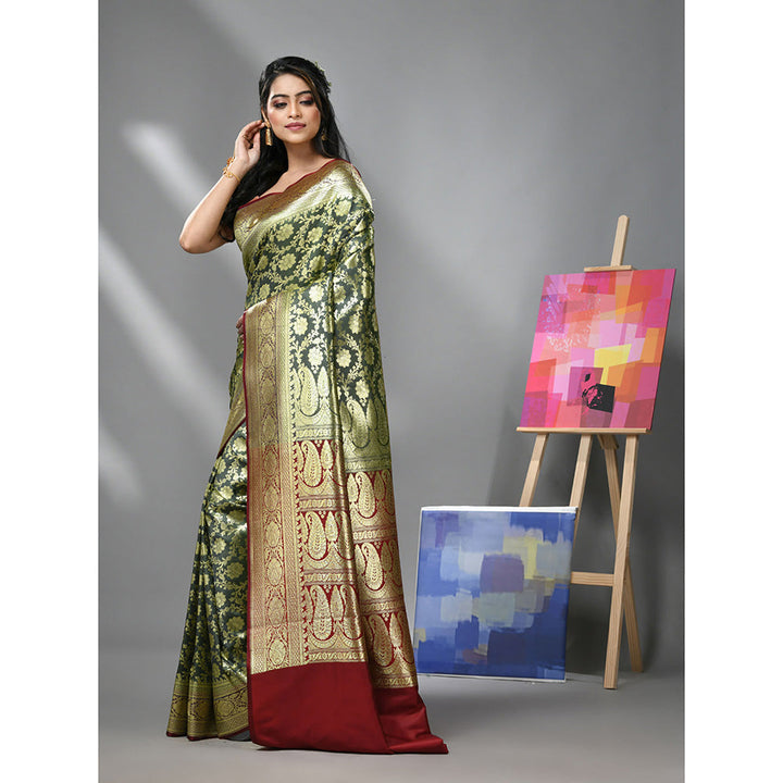 CHARUKRITI Hunter Green Silk Banarasi Saree with Zari Woven Designs & Unstitched Blouse