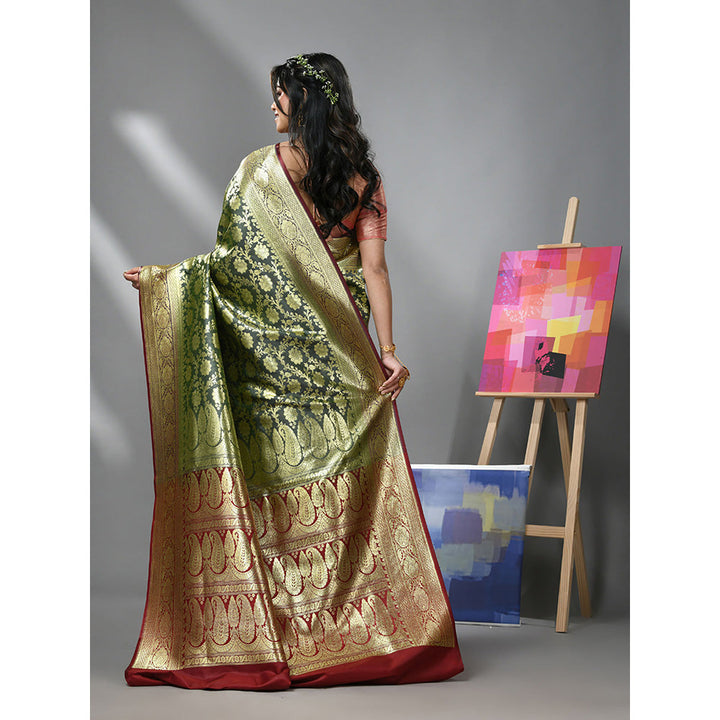 CHARUKRITI Hunter Green Silk Banarasi Saree with Zari Woven Designs & Unstitched Blouse