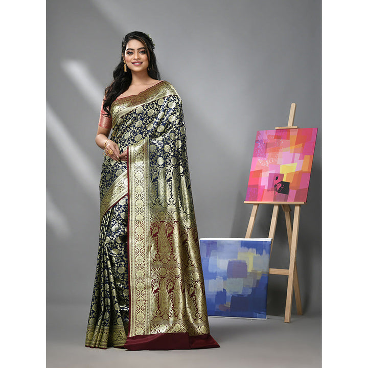 CHARUKRITI Blue Silk Banarasi Saree with Zari Woven Designs & Unstitched Blouse