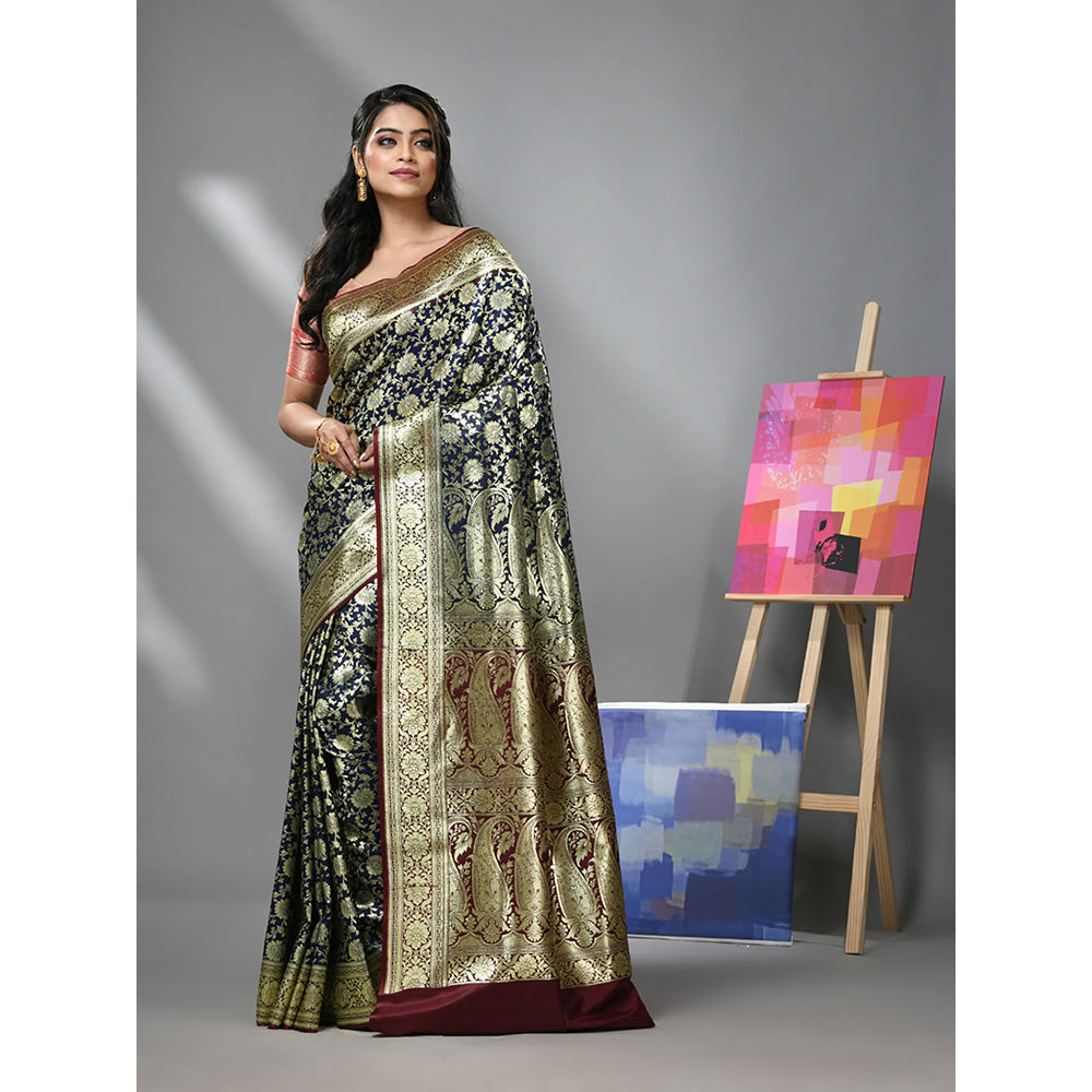 CHARUKRITI Blue Silk Banarasi Saree with Zari Woven Designs & Unstitched Blouse