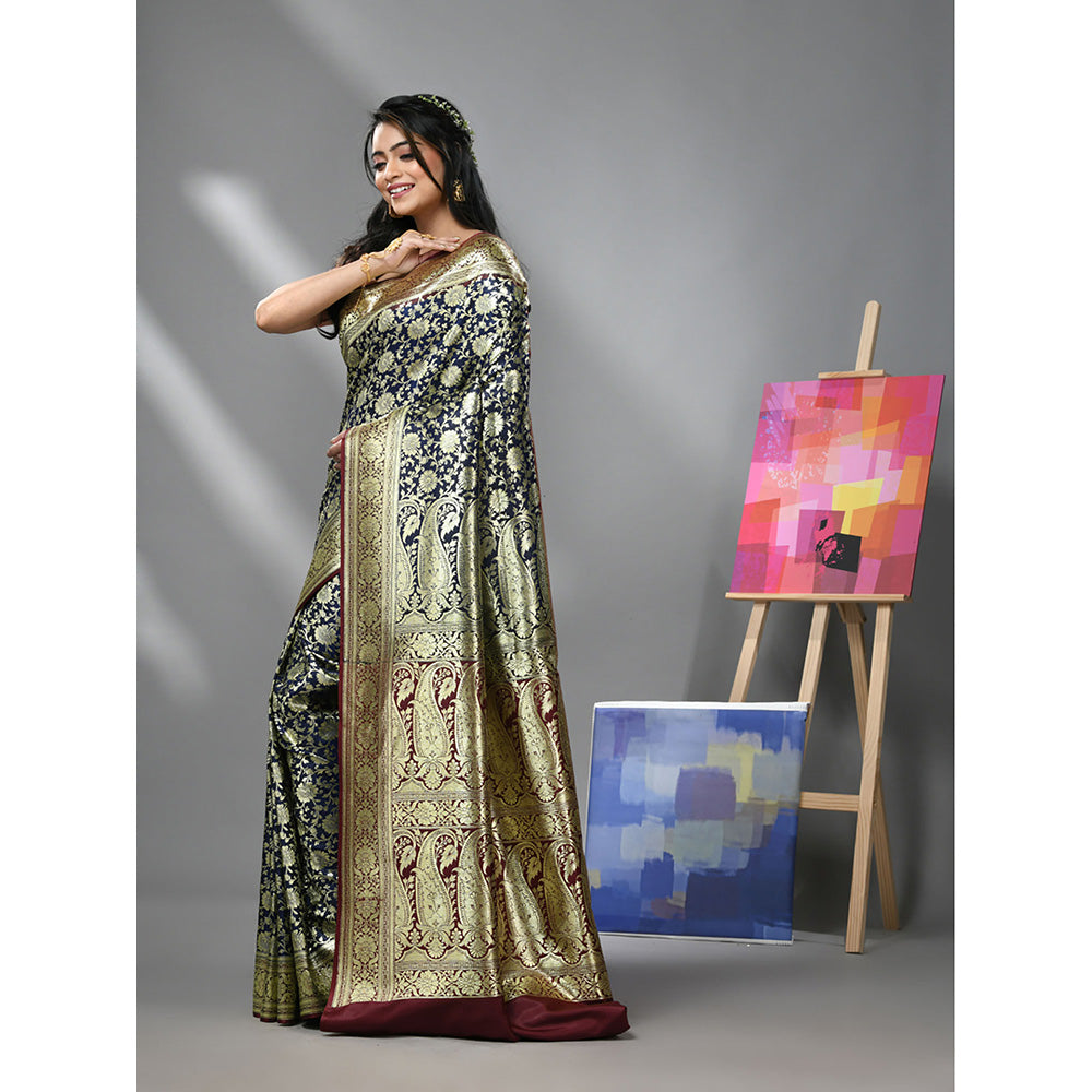 CHARUKRITI Blue Silk Banarasi Saree with Zari Woven Designs & Unstitched Blouse