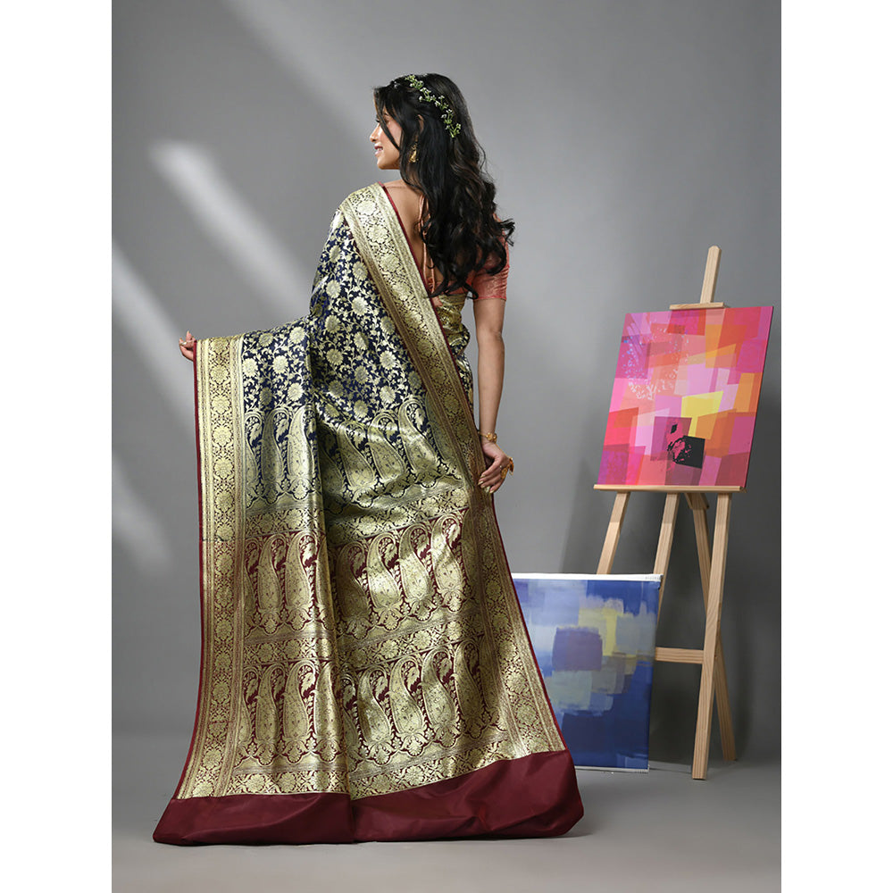 CHARUKRITI Blue Silk Banarasi Saree with Zari Woven Designs & Unstitched Blouse