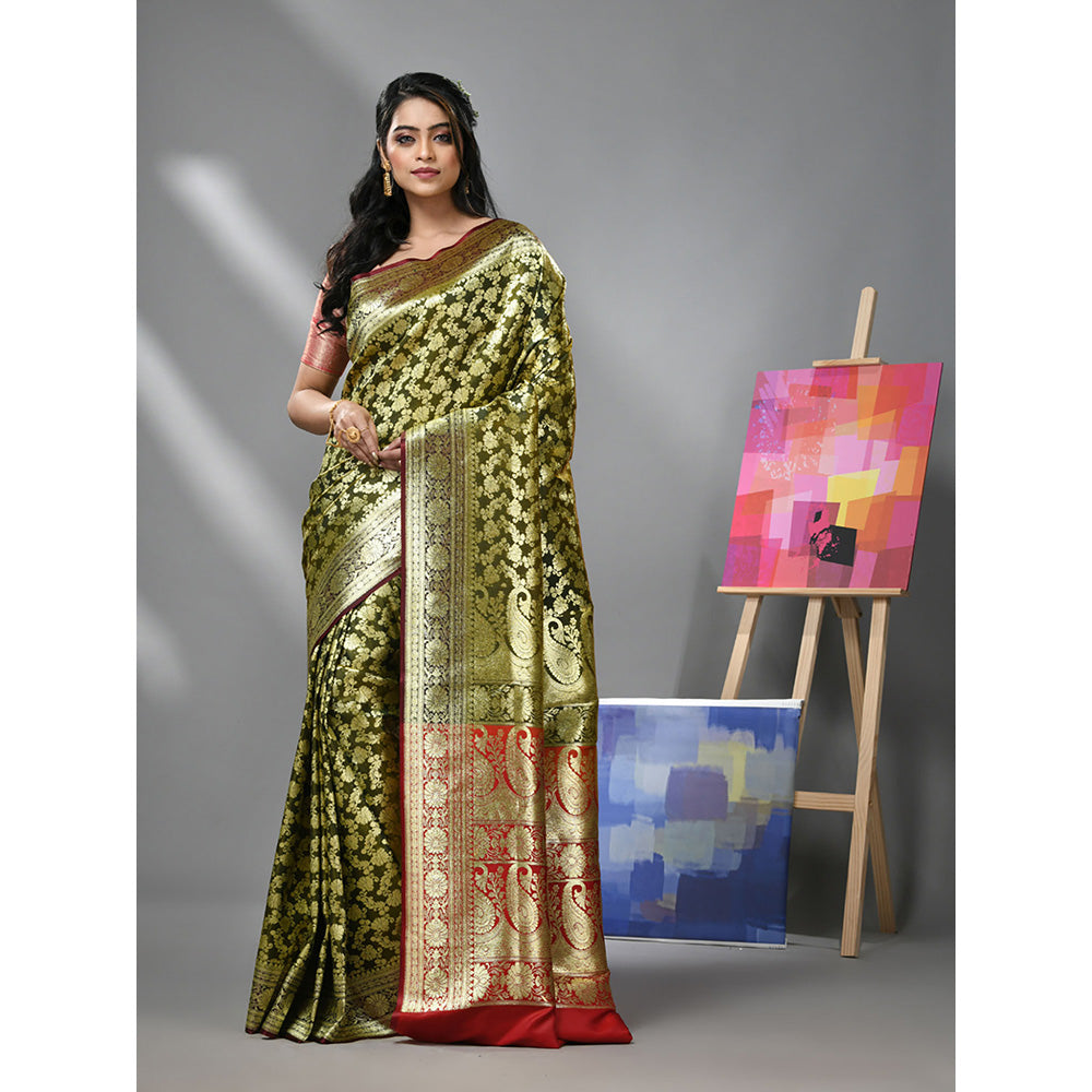 CHARUKRITI Olive Green Silk Banarasi Saree with Zari Woven Designs & Unstitched Blouse