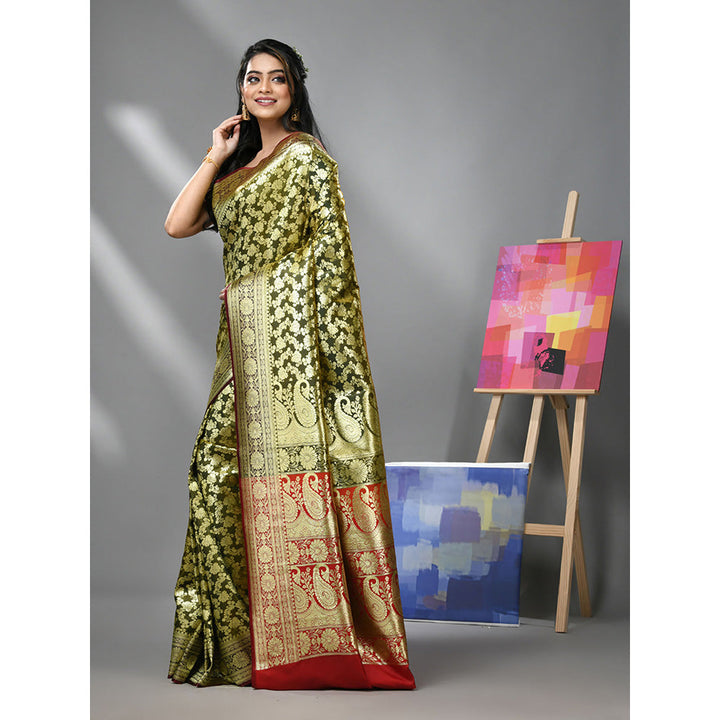 CHARUKRITI Olive Green Silk Banarasi Saree with Zari Woven Designs & Unstitched Blouse