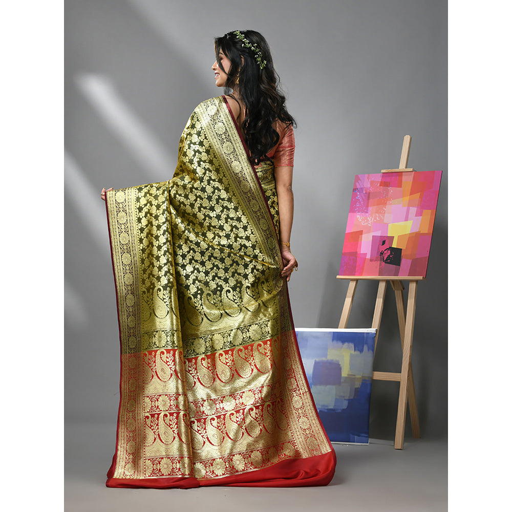 CHARUKRITI Olive Green Silk Banarasi Saree with Zari Woven Designs & Unstitched Blouse