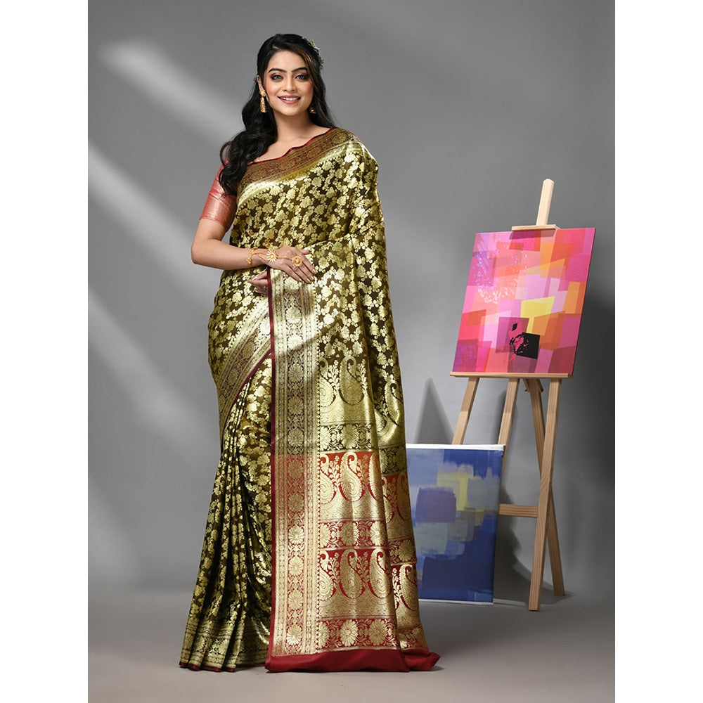 CHARUKRITI Brown Silk Banarasi Saree with Zari Woven Designs & Unstitched Blouse