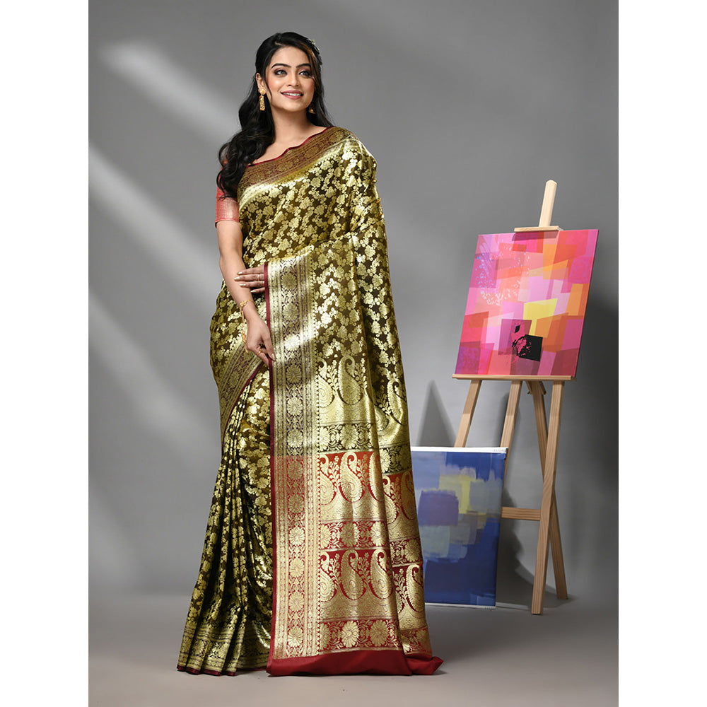 CHARUKRITI Brown Silk Banarasi Saree with Zari Woven Designs & Unstitched Blouse