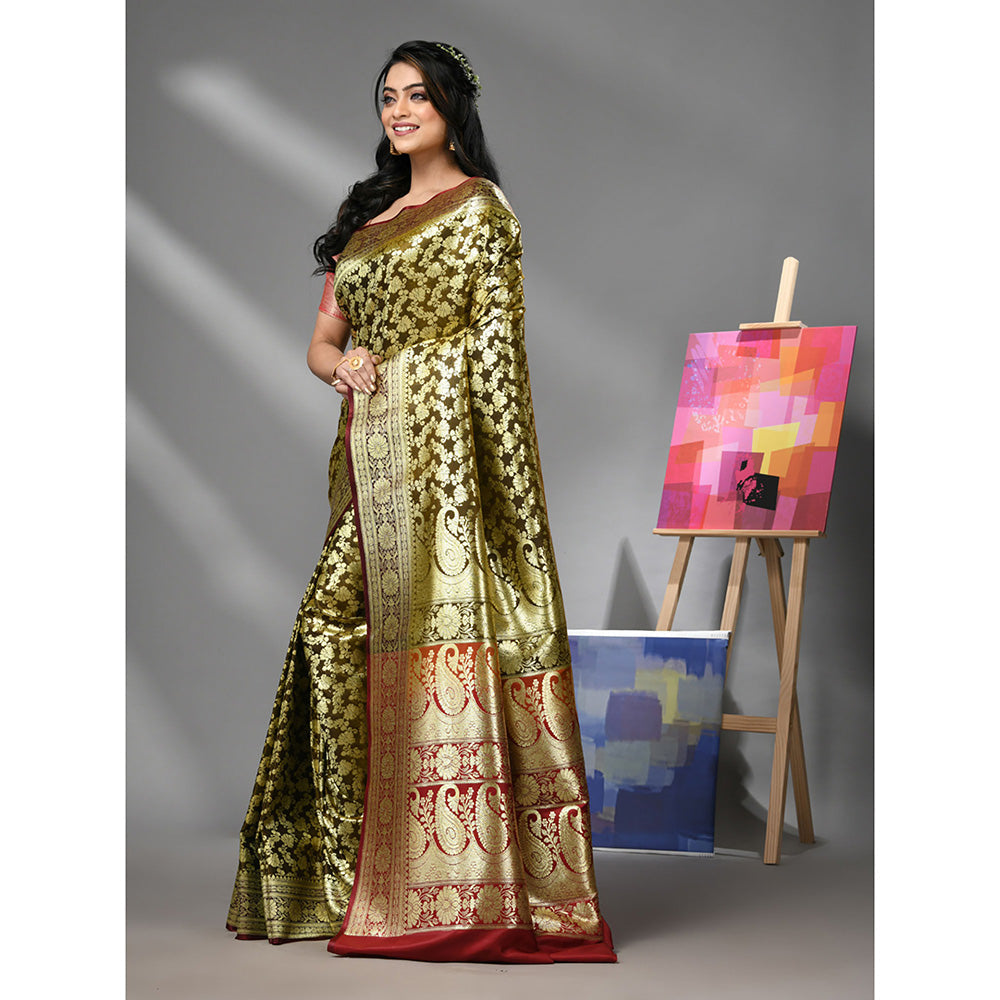 CHARUKRITI Brown Silk Banarasi Saree with Zari Woven Designs & Unstitched Blouse